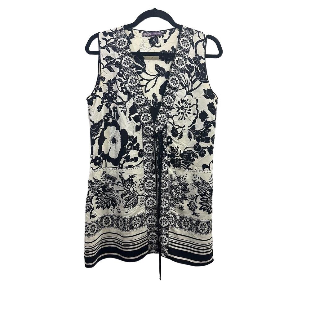 Hale Bob Tunic Women Medium Black White Silk Floral Stripes Sleeveless VNeck Tie